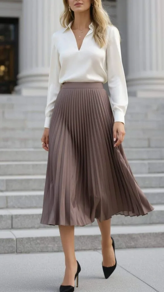 A woman outside a courthouse, wearing a pleated midi skirt in a neutral shade paired with a tucked-in cream silk top.