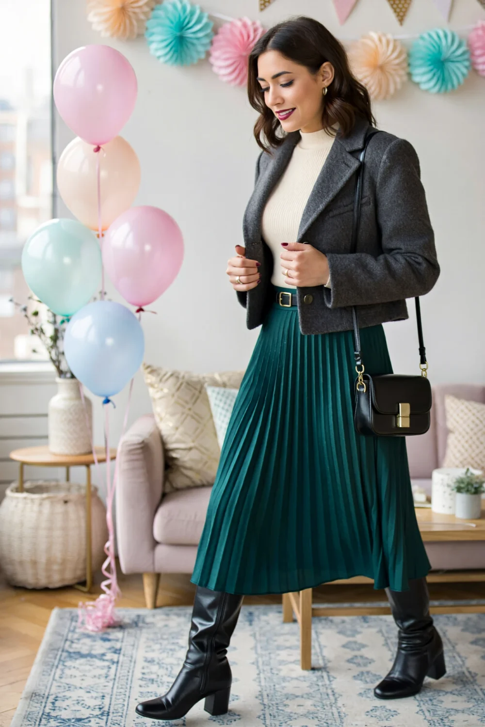 Woman at winter baby shower wearing jewel pleated midi, fitted thermal bodysuit, cropped wool coat, knee-high boots, black bag