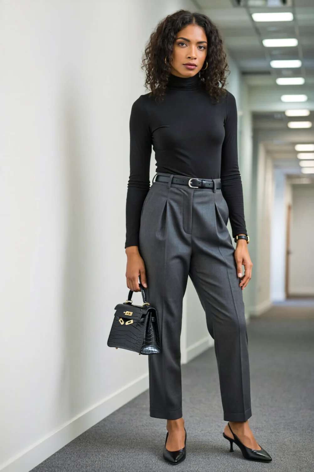 Elegant black mock-neck bodysuit with slate-gray pleated trousers, structured mini bag, and slingback heels for a sleek corporate look