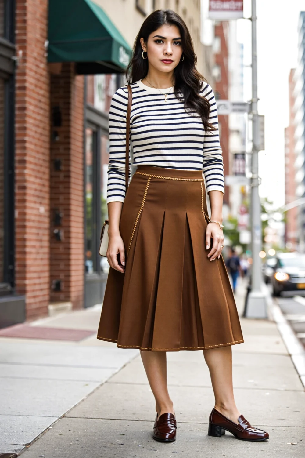 Woman in navy striped knit top, box-pleated brown midi skirt and loafers on a city sidewalk, metropolitan prep spring outfit vibe