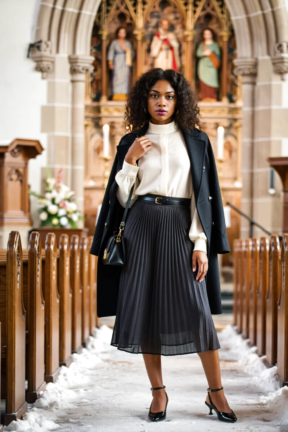 Woman in church wearing a cream high-neck blouse, pleated midi skirt with slim belt, tailored coat draped and black slingback pumps