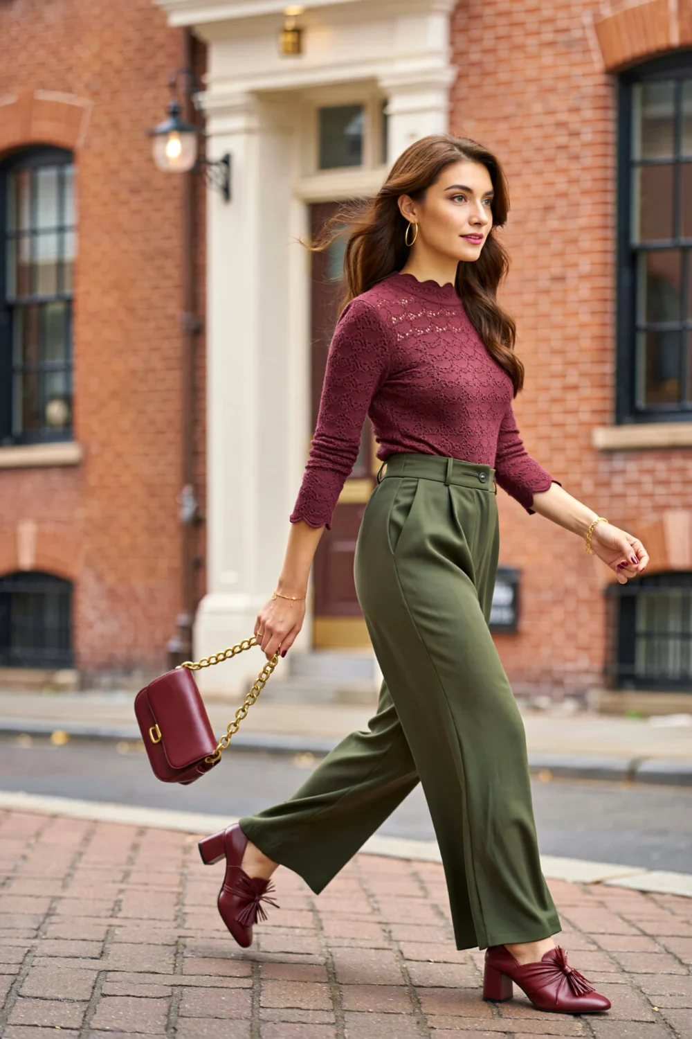 Woman in plum knit top and olive high-waisted culottes walking on a brick street, carrying a burgundy handbag and matching heels