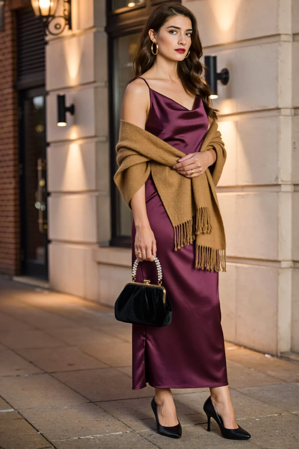 Plum satin dress with camel wrap, brushed gold hoop earrings, and black satin evening bag for elegant nighttime glamour