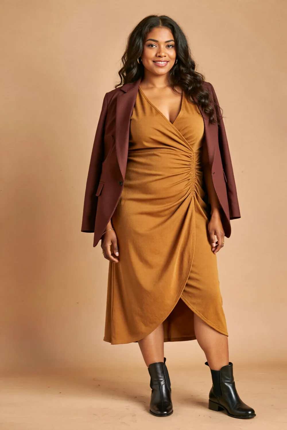 Plus-size wrap midi dress with A-line skirt, open blazer and black knee boots for a polished holiday look with elegant movement