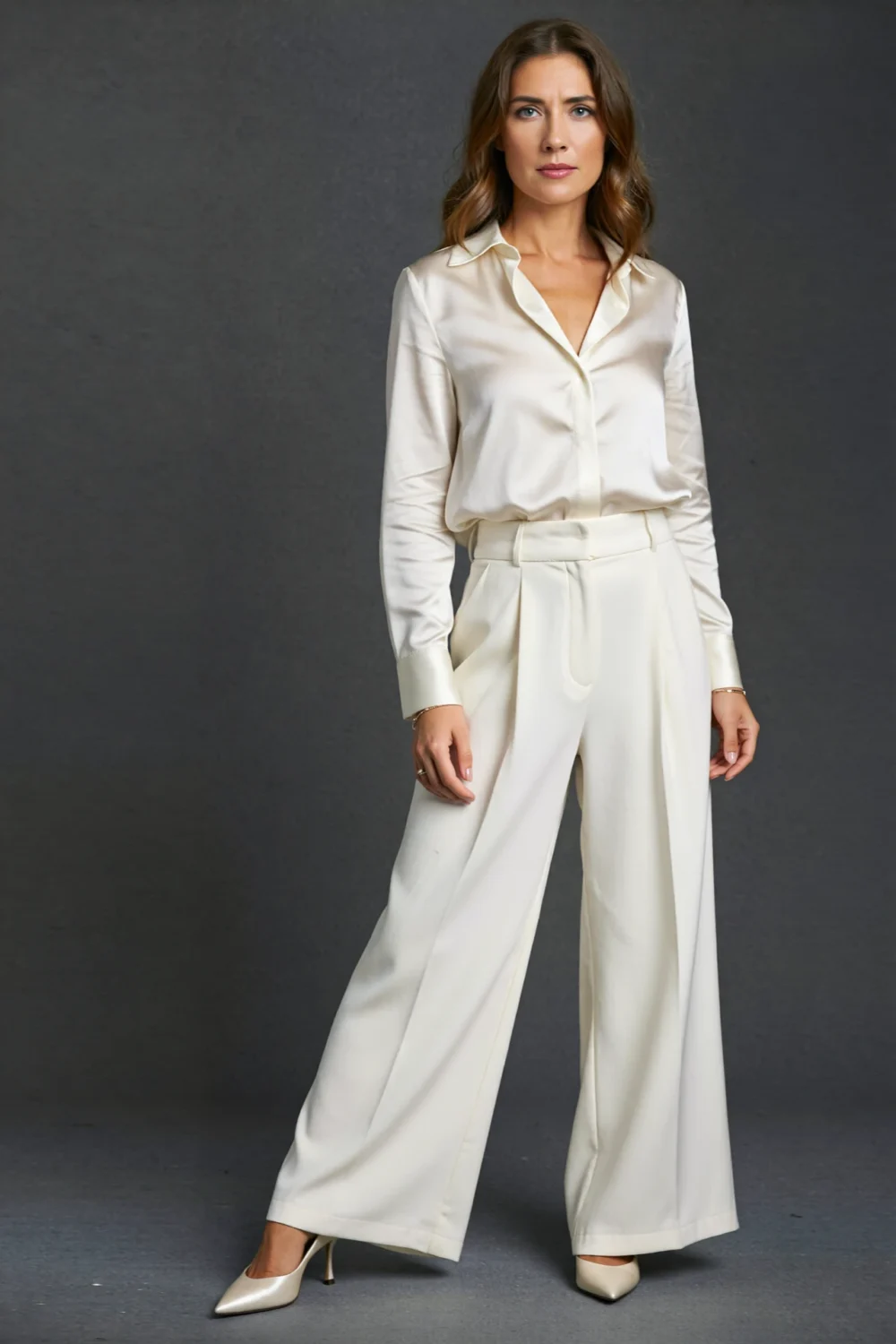 Woman in wide-leg white trousers with pointed-toe pumps, showing elegant tailored styling and a leg-lengthening silhouette
