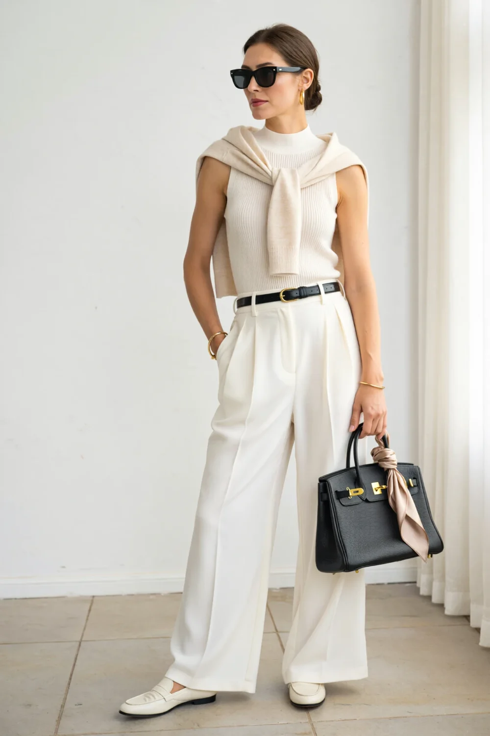 Polished all-white outfit with ribbed sleeveless knit, wide-leg trousers, black belt, loafers, and structured bag, modern and chic