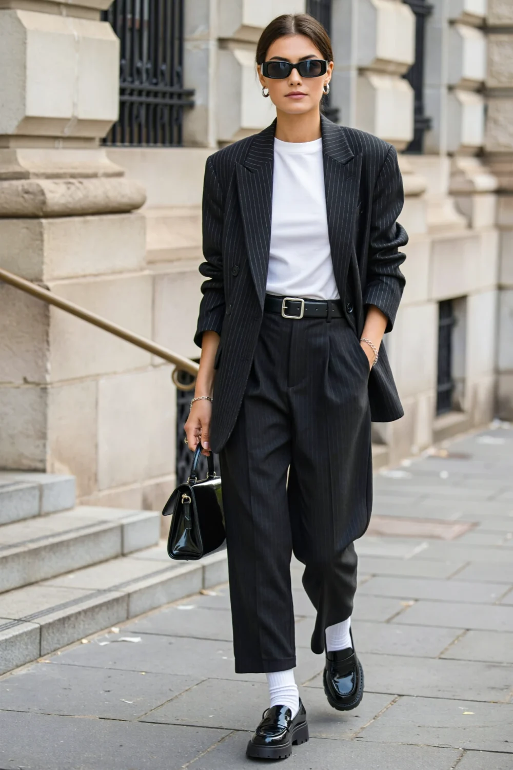 Woman in black pinstripe blazer, white tee, relaxed trousers and loafers, creating polished monochrome court-ready style on a city street