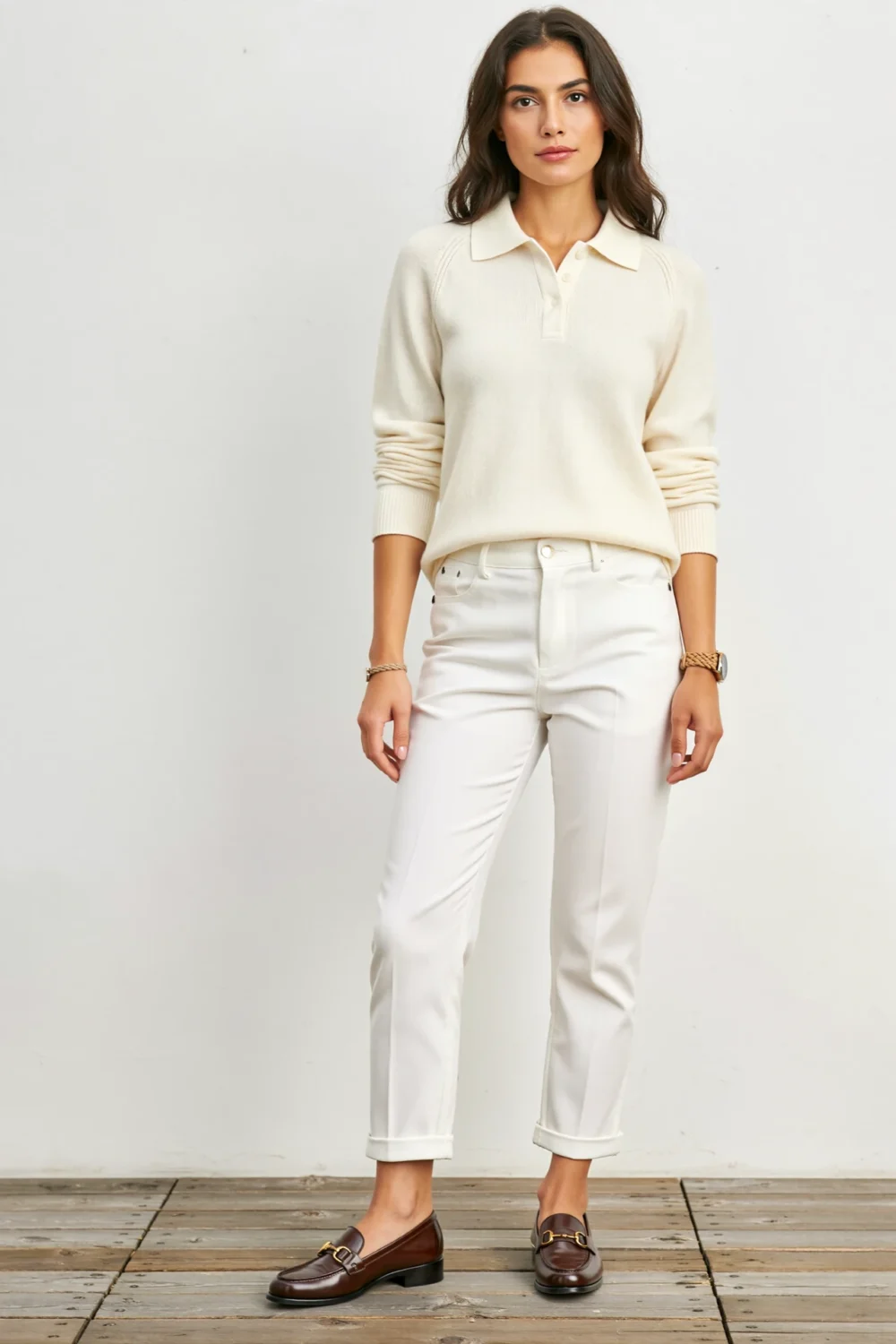 Cream polo knit tucked into white chinos with brown loafers and rolled sleeves for a crisp, preppy sporty-tailored look