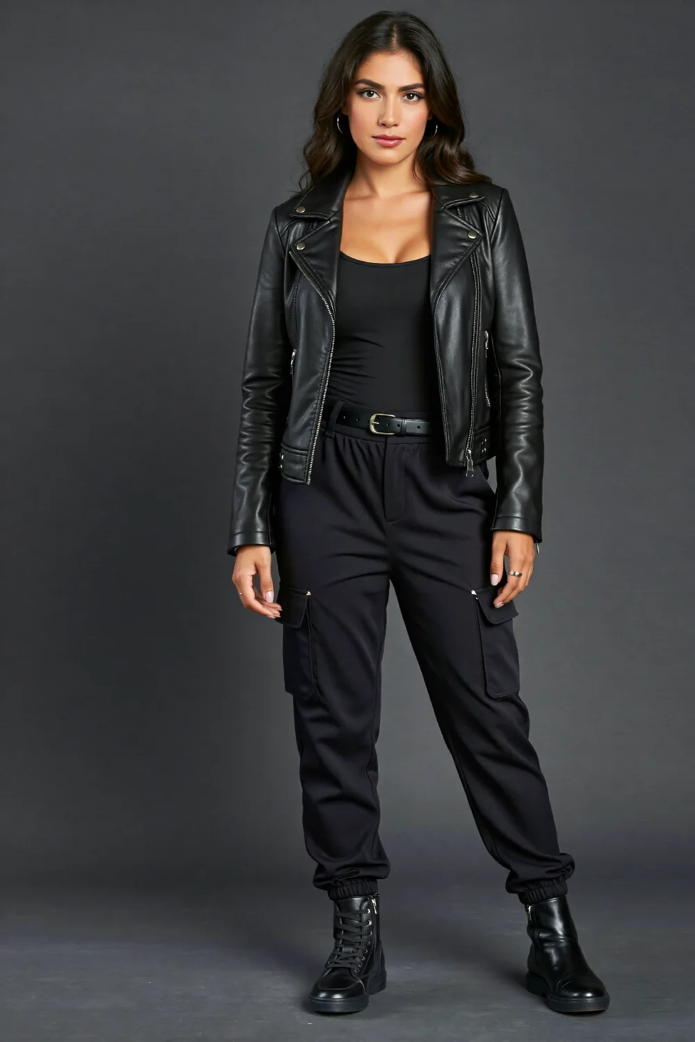 Woman in ponte joggers, fitted bodysuit, and cropped leather jacket, creating a sleek sporty look for a casual night out