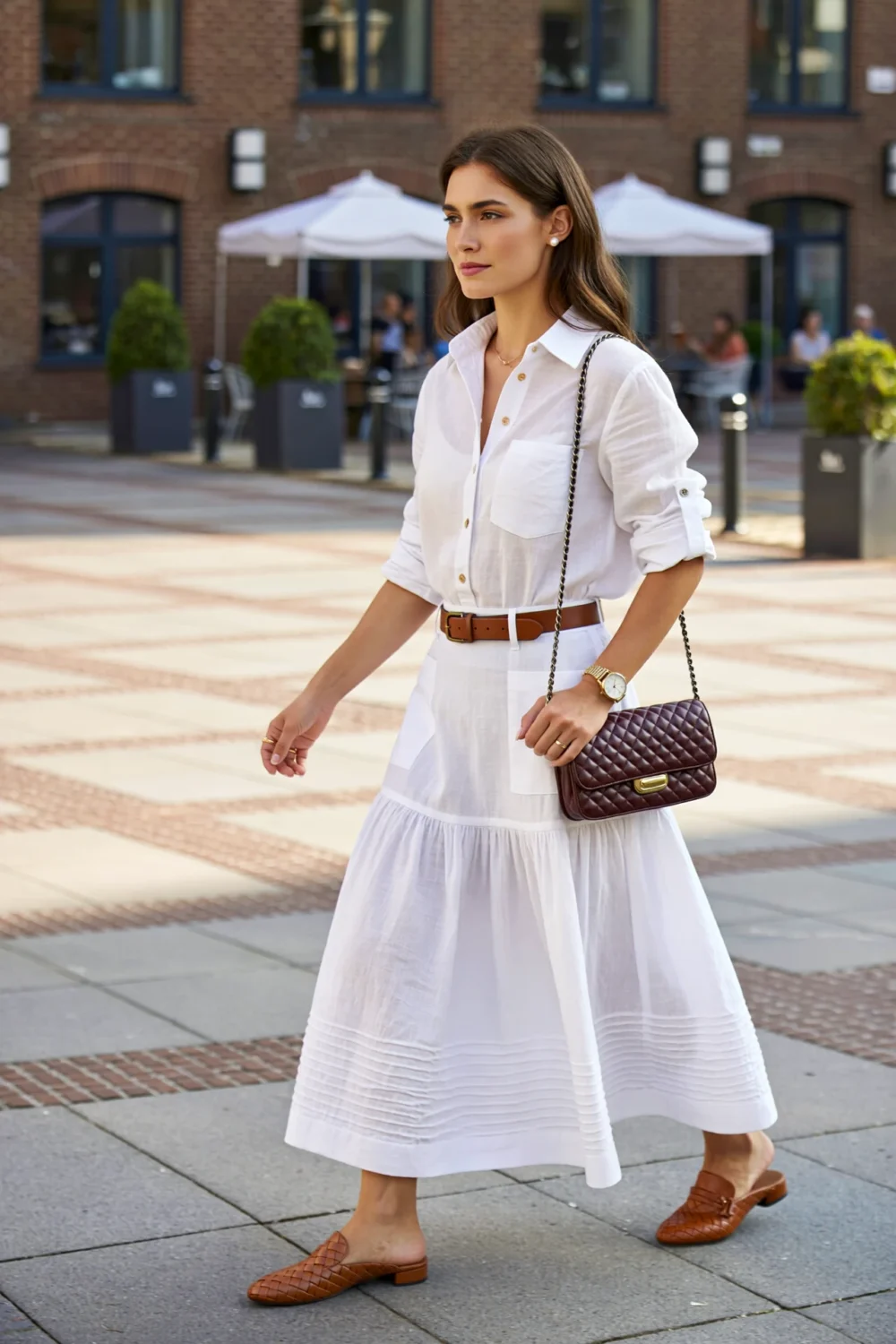 Woman in a white poplin shirt and A-line maxi skirt, cinched with cognac belt, carrying oxblood crossbody and caramel flats.