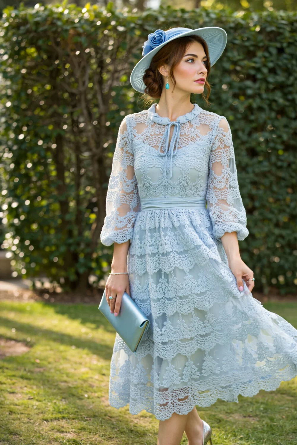 Woman in a powder-blue lace tea dress with sheer sleeves, bow neckline, and matching hat, holding a clutch in a garden setting