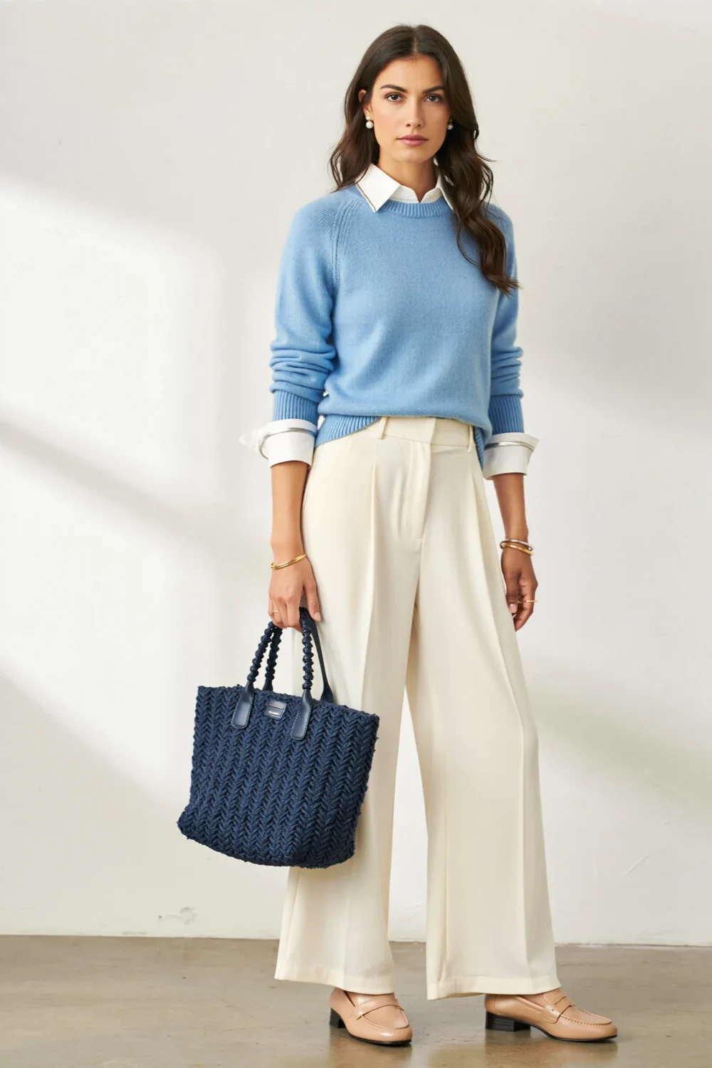Powder blue sweater over white shirt with ivory wide-leg trousers, nude loafers, and a structured indigo tote for polished ease