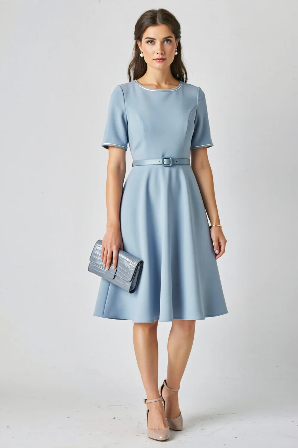 Powder-blue fit-and-flare dress with crew neck, short sleeves, satin piping, and belt, styled for christening elegance and grace