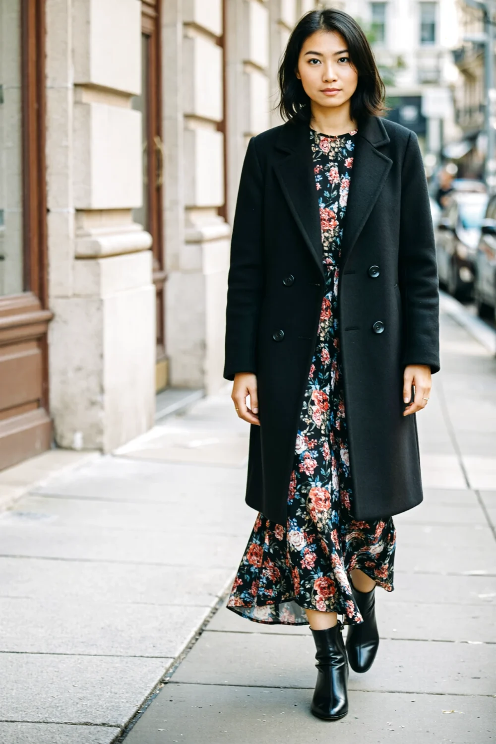 Woman walking on a city sidewalk in a black wool coat over a printed floral maxi dress and black ankle boots, blooms framed neatly