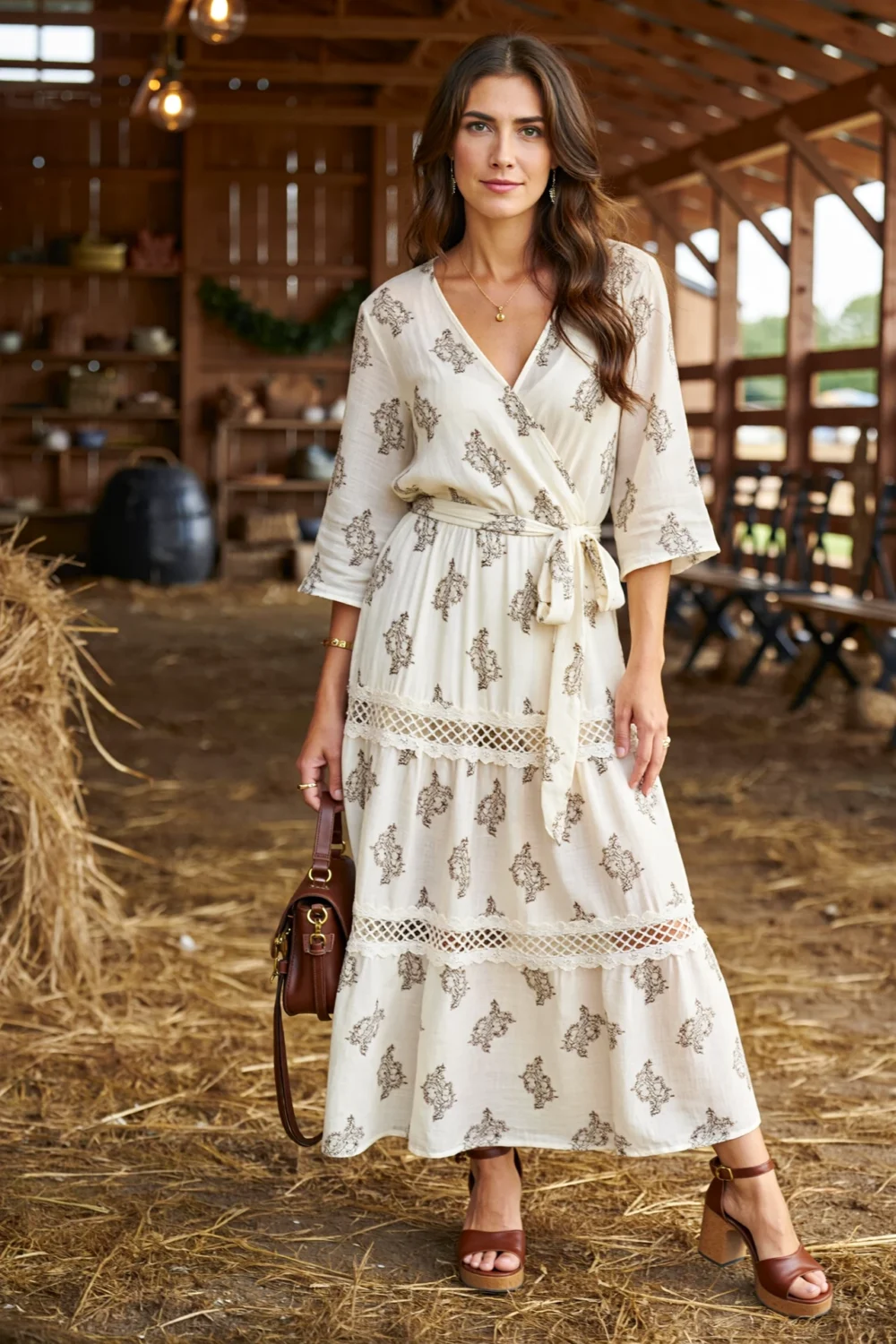 Woman in printed wrap midi dress with tiered skirt and lace insets, styled for a rustic barn wedding venue with warm tones