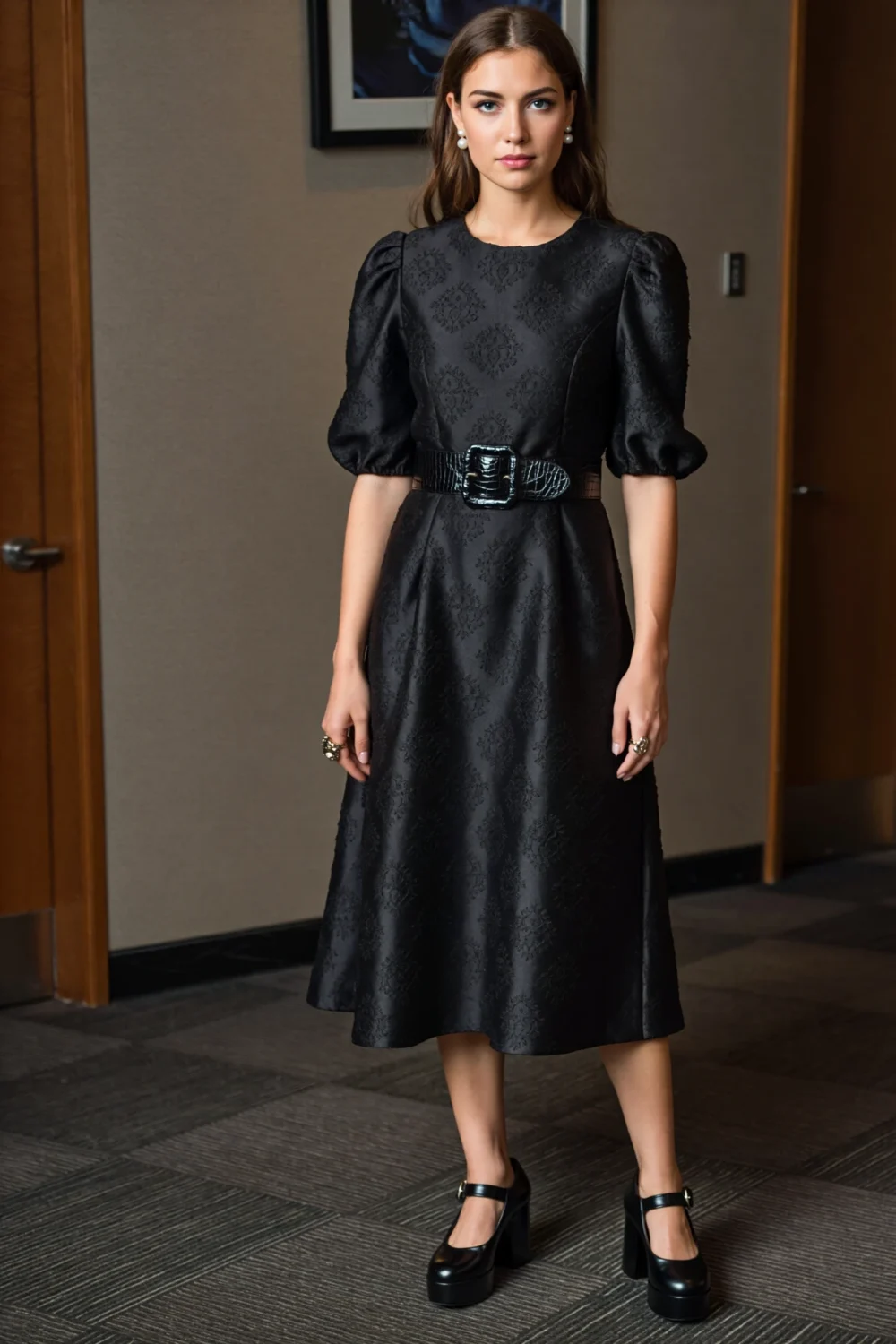 Black puff-sleeve jacquard midi dress with subtle damask texture, belted waist, and vintage-inspired elegance for evening wear