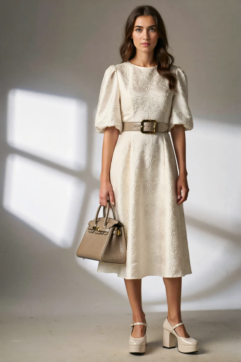 Cream jacquard midi dress with puff sleeves and croc belt, styled with structured handbag and platform heels for cool-weather elegance