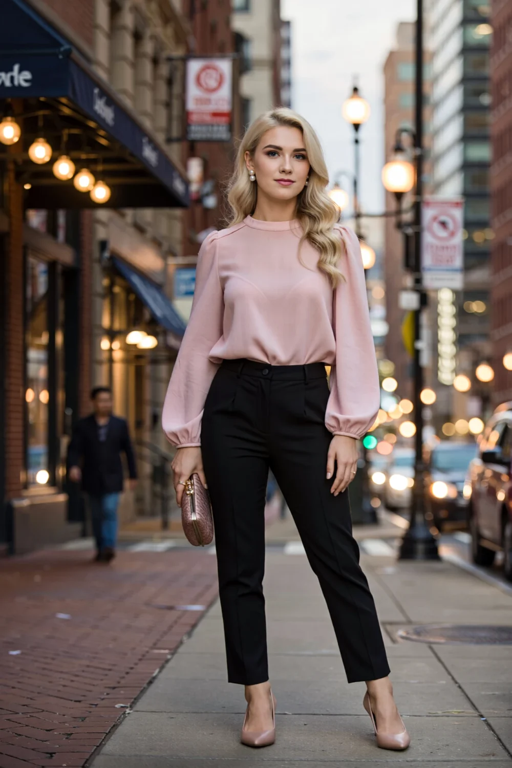 Woman in blush puff-sleeve blouse tucked into tapered black trousers, nude heels, clutch, pearl earrings, evening city sidewalk.
