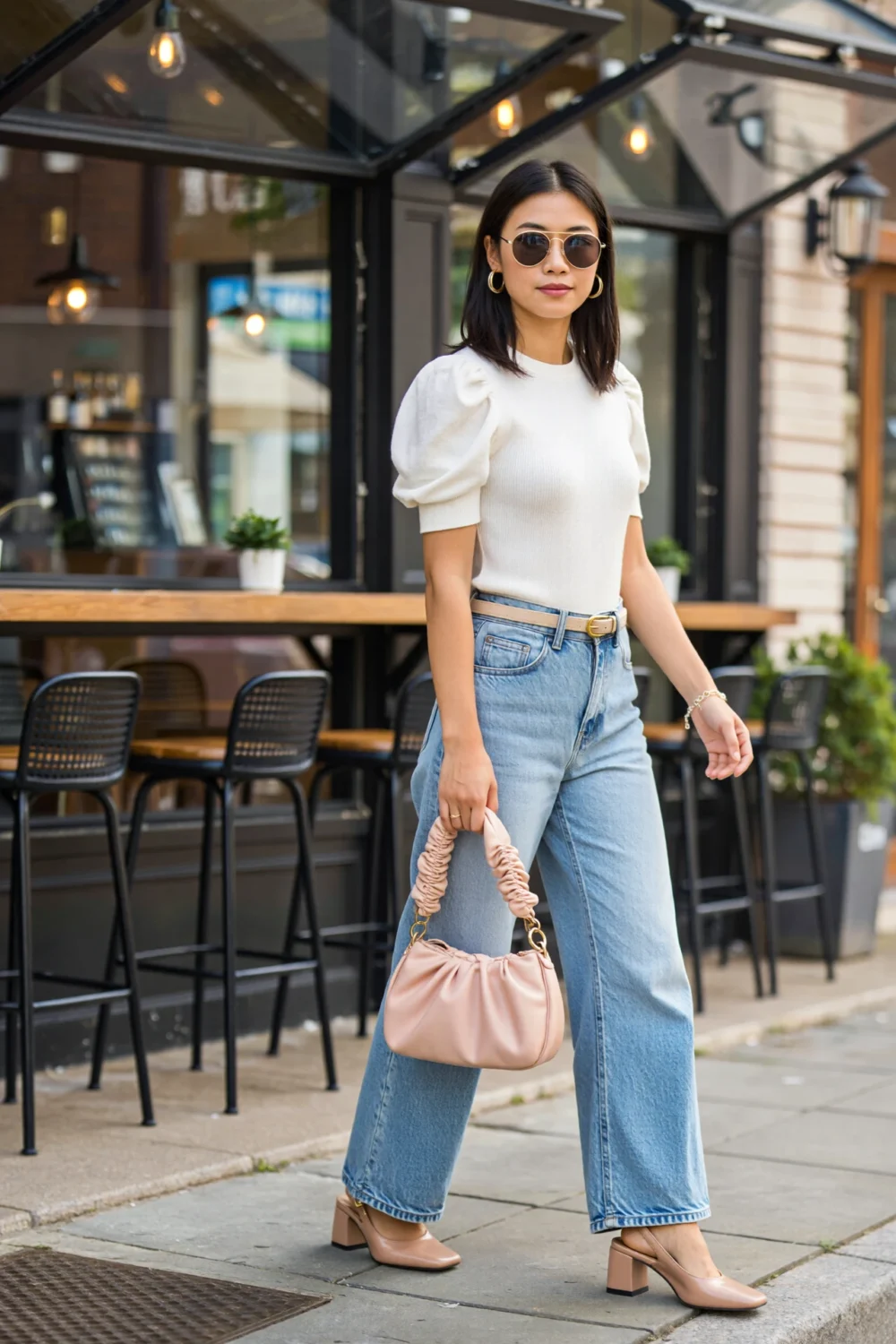 Woman in a white puff-sleeve tee, wide-leg jeans, nude slingback pumps and blush baguette bag for chic sidewalk style