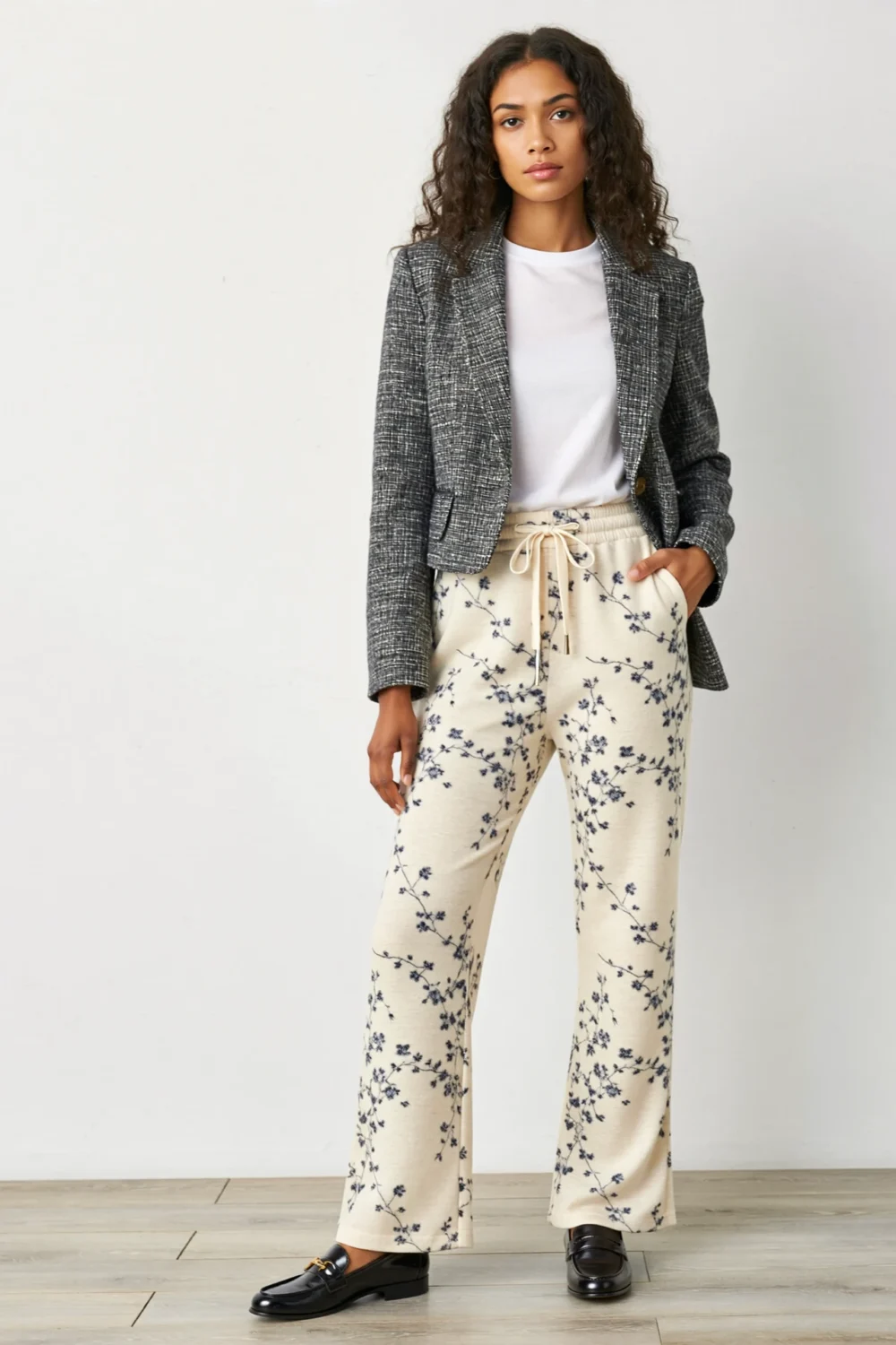 Floral knit pull-on joggers styled with a blazer and tee for a chic off-duty look, mixing comfort, stretch, and polish