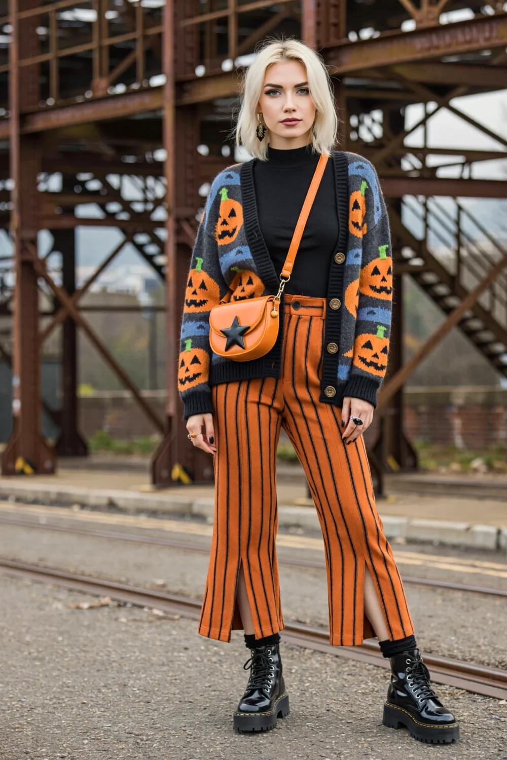 Edgy Halloween outfit with pumpkin cardigan, orange striped wide-leg trousers, combat boots, and black accessories for a bold look