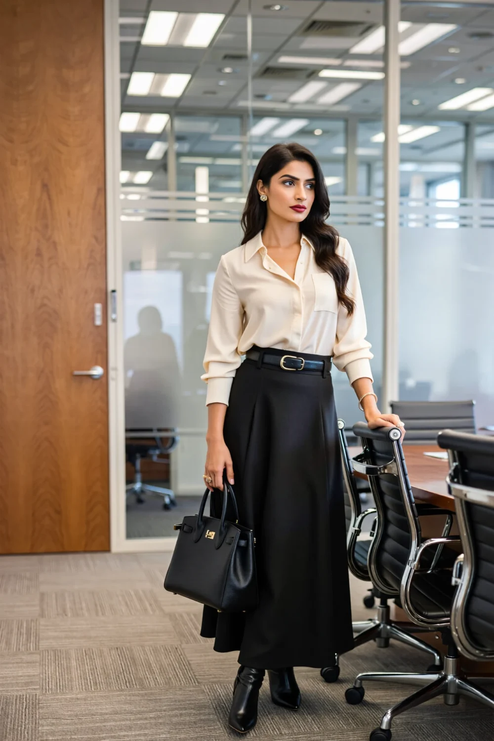 Woman in tied pussy-bow blouse, slim belt and black column skirt with heeled boots and structured tote, polished professional