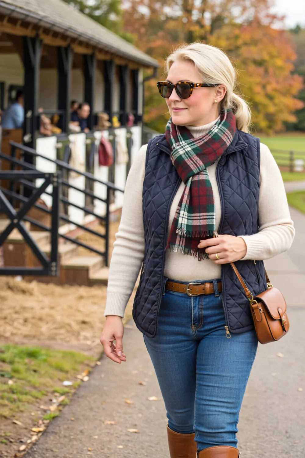 Woman in navy quilted vest over cream turtleneck, cranberry-forest plaid scarf, jeans, cognac riding boots with compact crossbody.