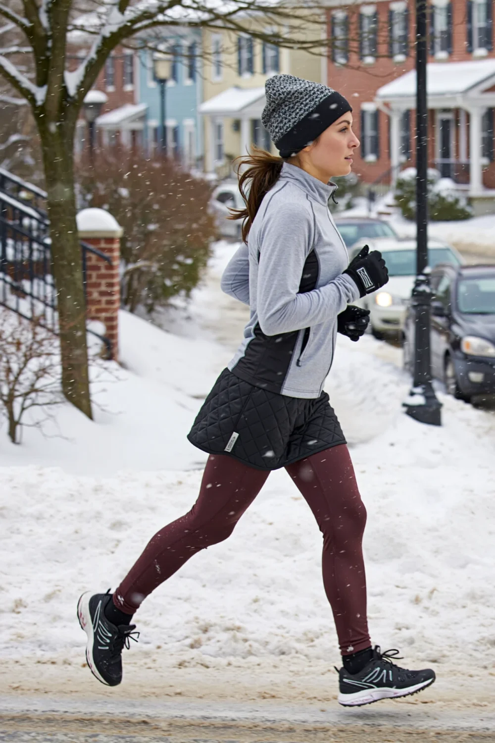 Runner in falling snow wearing a quilted black running skirt over burgundy thermal leggings, midlayer jacket, hat and grip shoes