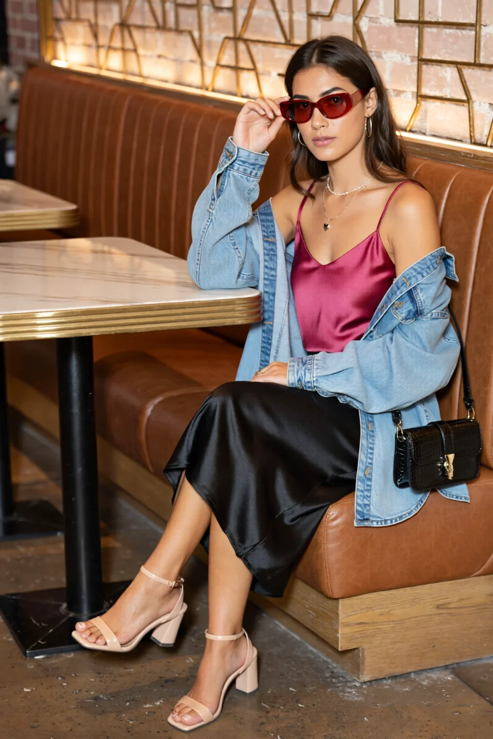 Woman in a raspberry satin cami and oversized light-wash denim shirt slouched off one shoulder, black satin midi, nude heels.