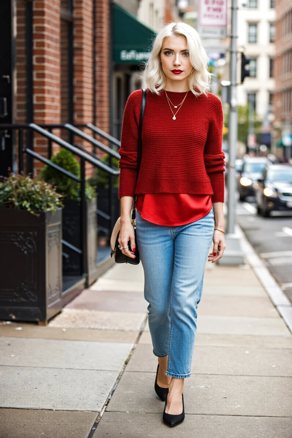 Stylish woman walks city sidewalk in cherry red cashmere sweater over red top, light blue jeans, black slingbacks and red lipstick