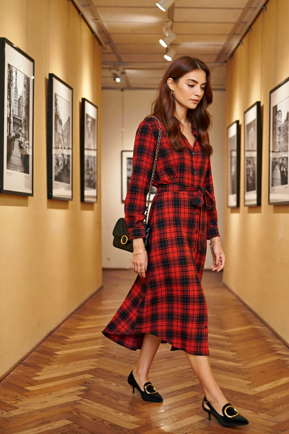 Woman in a red-and-black plaid shirtdress with waist tie and midi pleats, styled with black heels in an art gallery hallway.