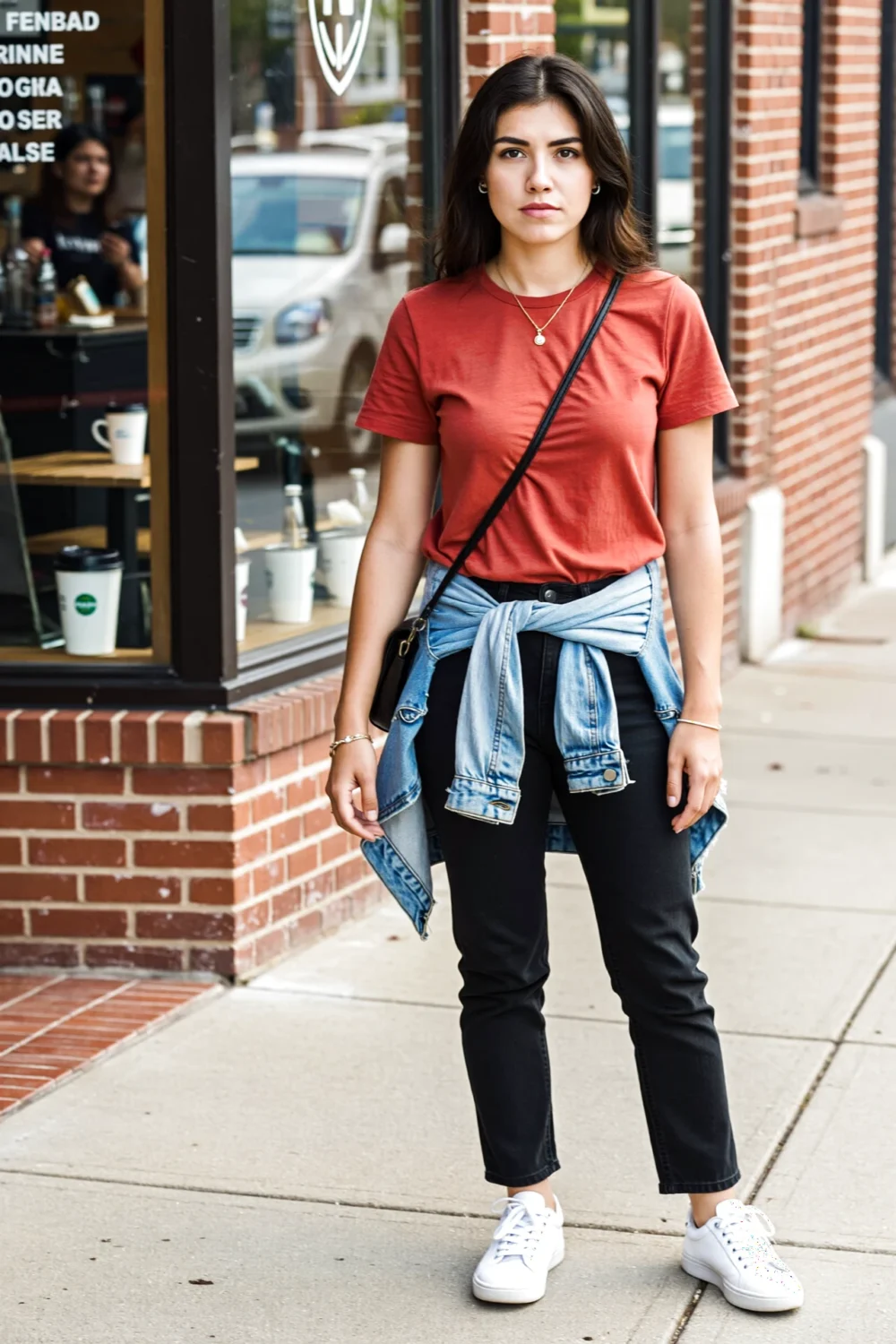 Woman in red cotton tee tucked into straight leg black jeans, denim jacket tied at waist and white sneakers for sporty-chic street