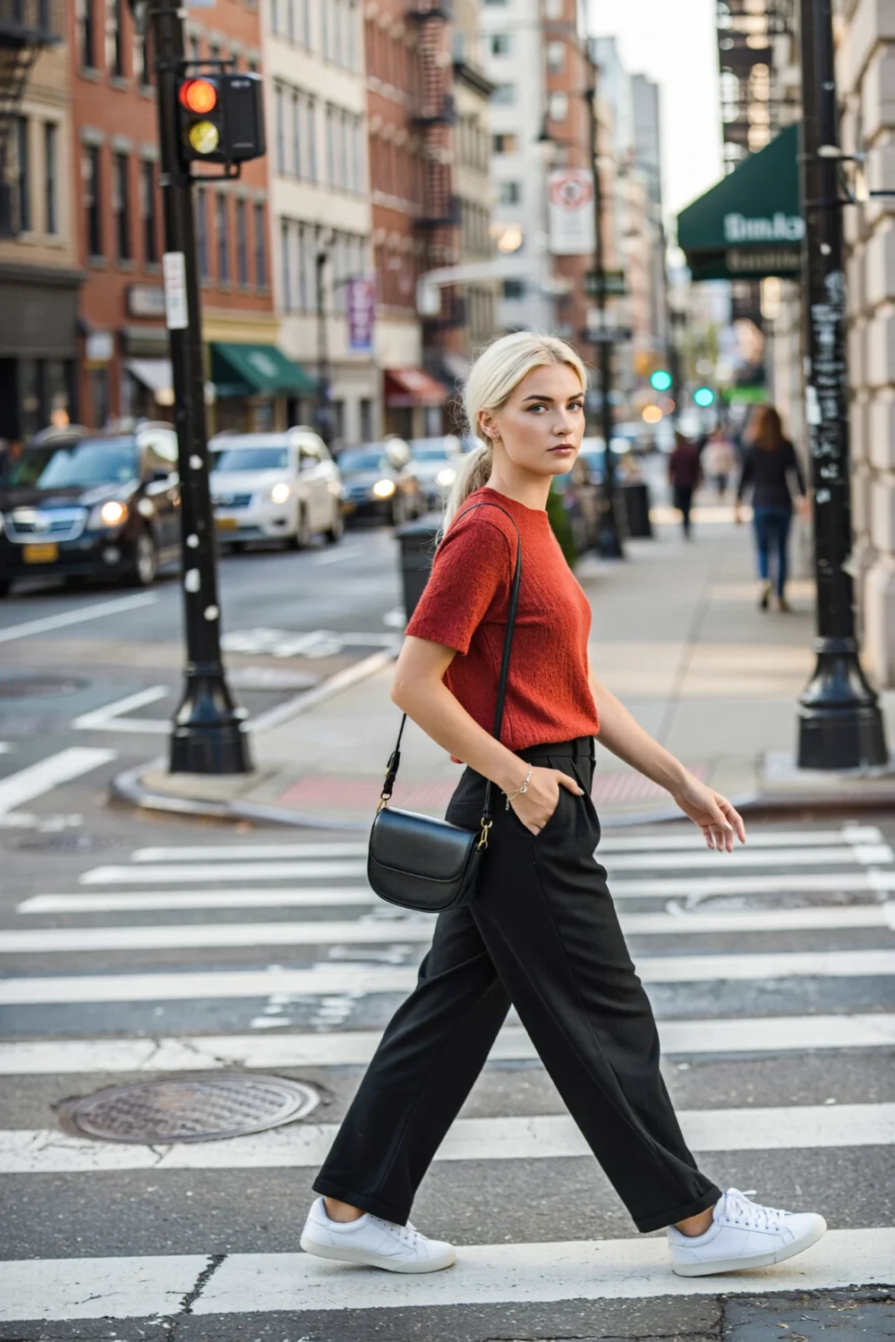Woman in red knit tee, black wide-leg pants and white sneakers crosses a city crosswalk, casual and camera-ready weekend look