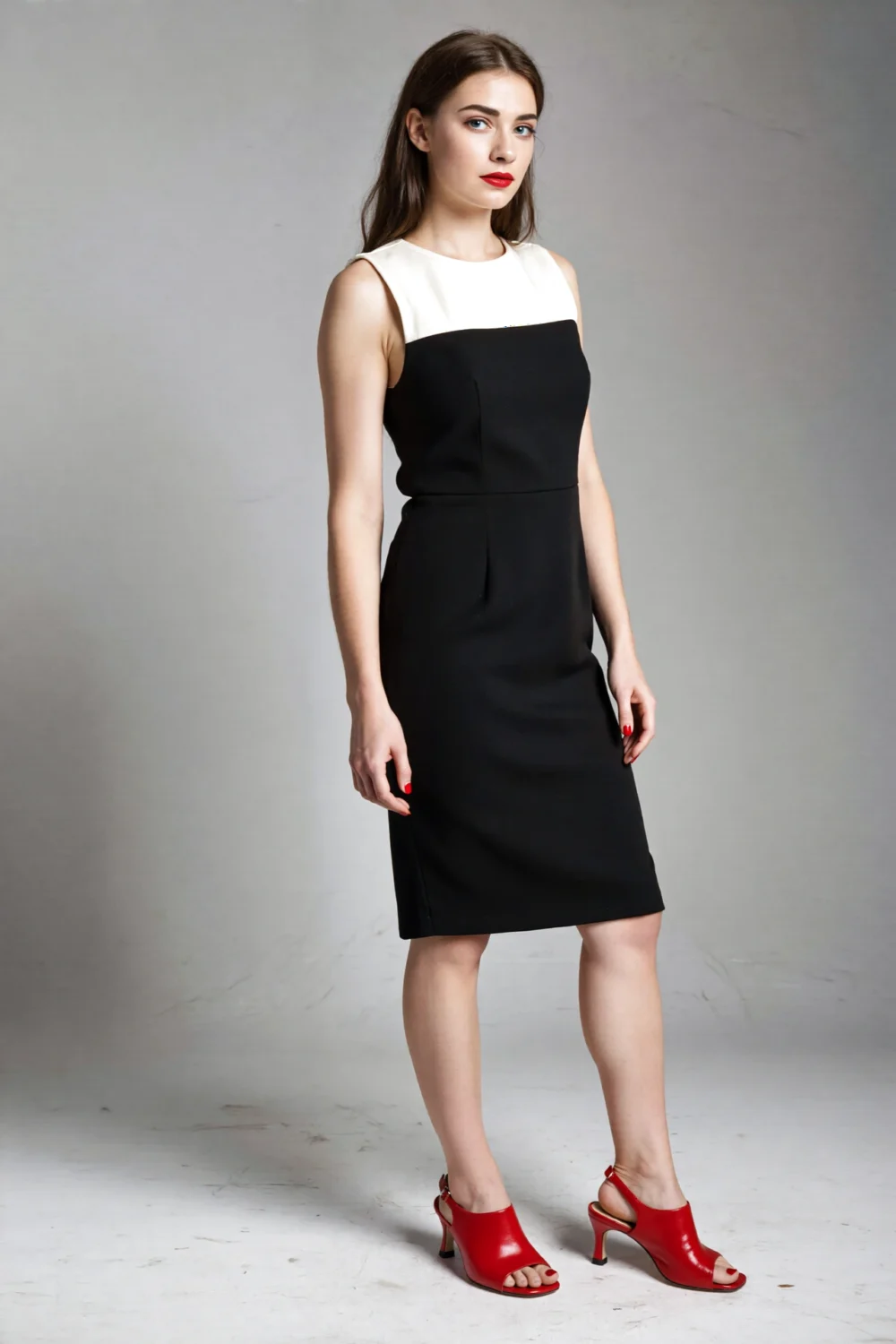 Woman in a streamlined black-and-white sheath dress wears red slingback heels, red lipstick and nails for a classic statement pop.