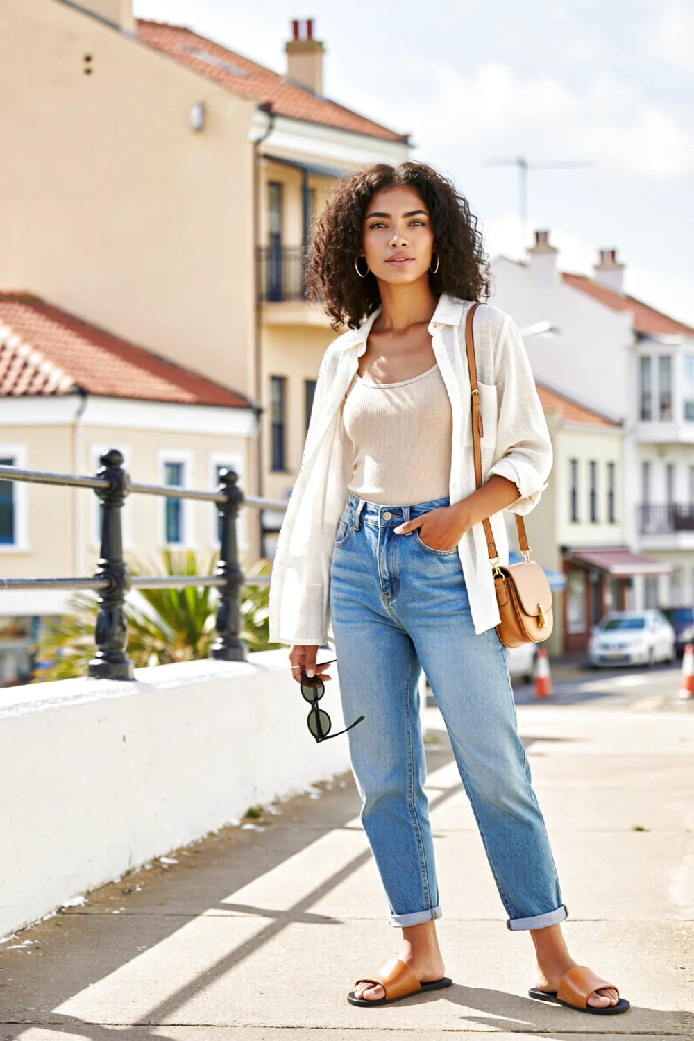 Woman in relaxed dad-fit light blue jeans, ribbed tank and open linen shirt, tan slides, hoops and tan crossbody bag, breezy vibe