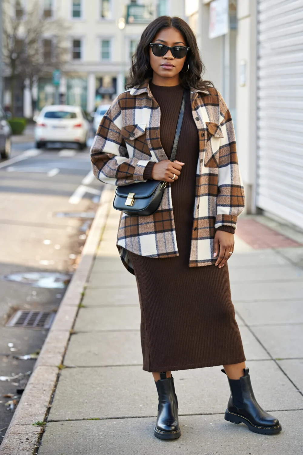 Woman in a ribbed knit maxi set layered with a warm-brown plaid shacket, lug-sole Chelsea boots, black crossbody and sunglasses