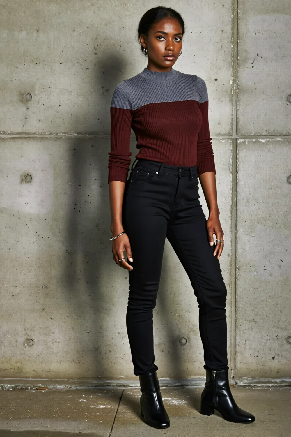 Woman wearing a ribbed colorblock knit top and jet-black skinny jeans with black ankle boots, posing against a concrete wall.
