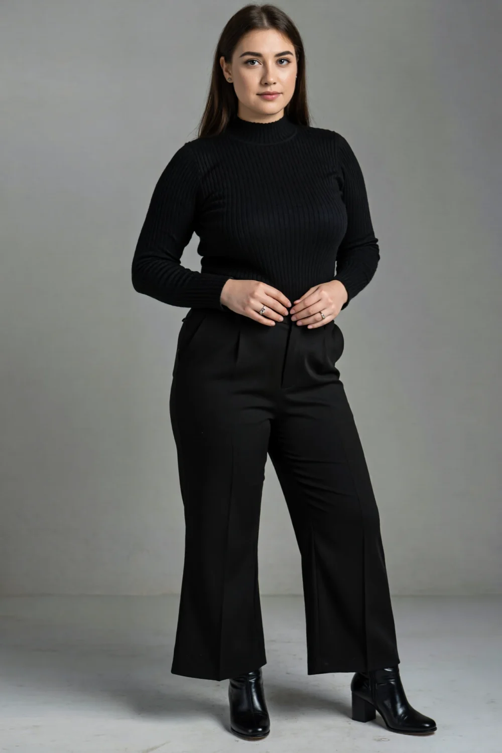 Woman in a fitted black ribbed mock-neck sweater tucked into high-waist wide-leg trousers with heeled boots, modern balance look