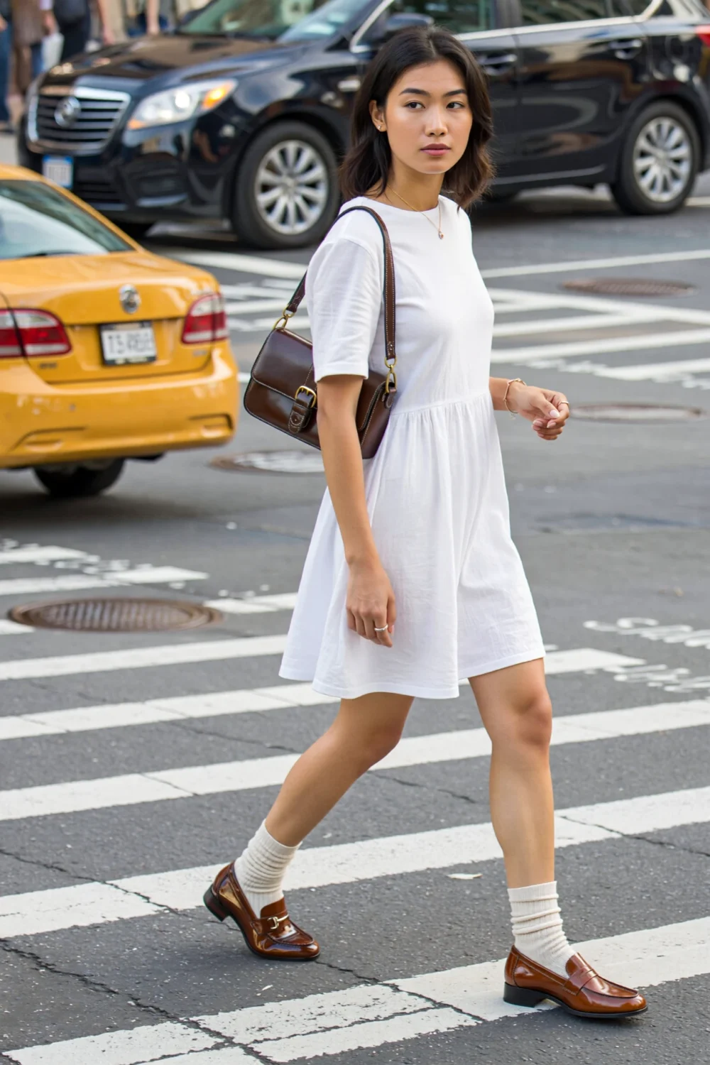 Woman in a white cotton dress, ribbed crew socks, and polished loafers crossing the street with a structured brown shoulder bag