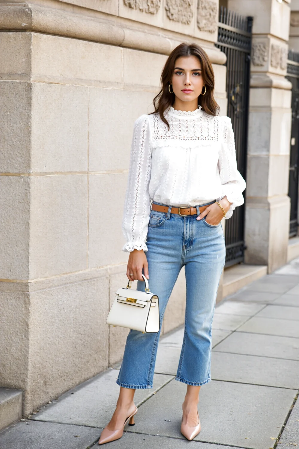 Woman in white eyelet blouse, scalloped neckline, puff sleeves, light-wash cropped jeans, camel belt, nude slingbacks, ivory tote