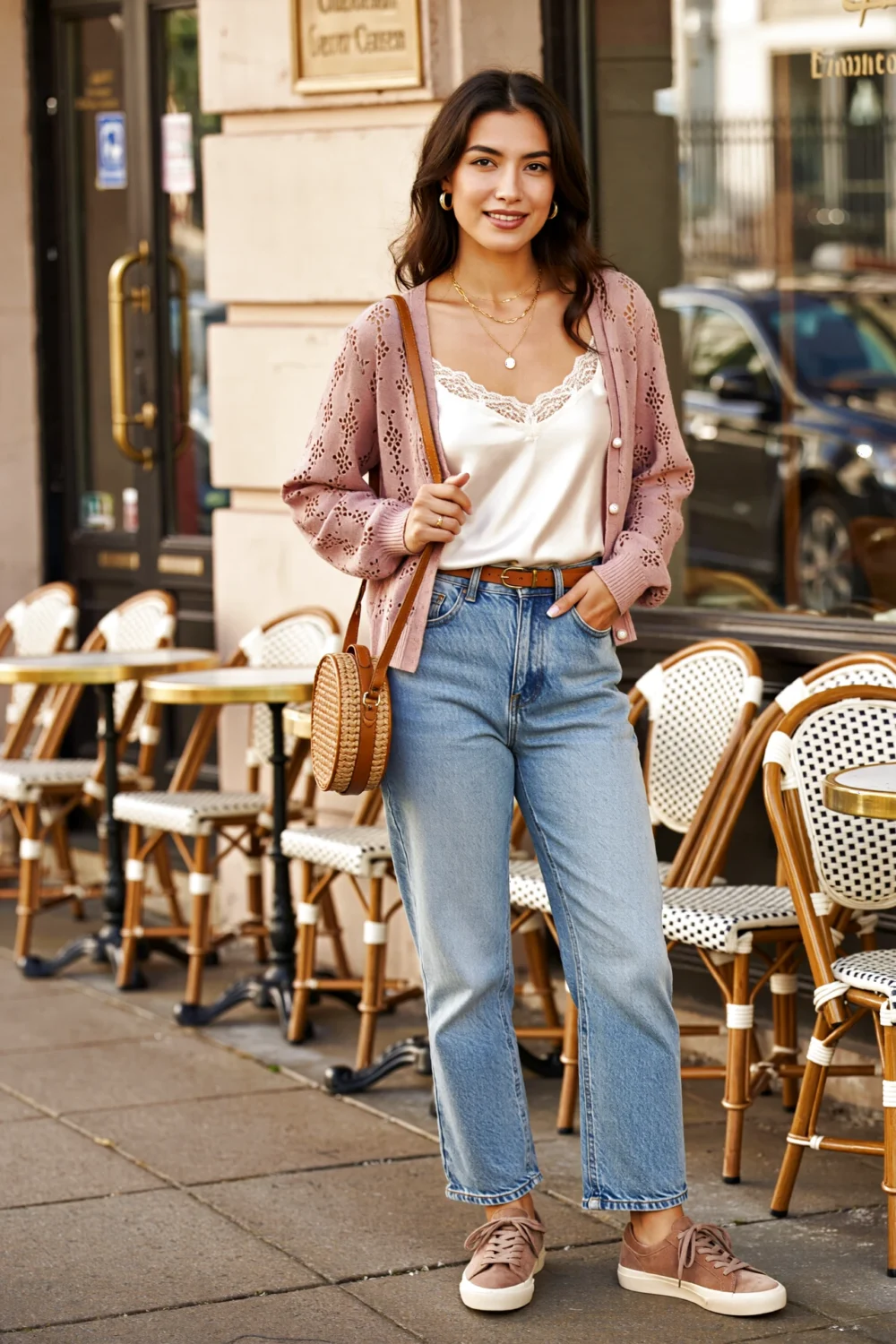Woman in dusty-rose cardigan over white lace satin cami tucked into high-rise light-wash jeans, taupe sneakers and round crossbody.