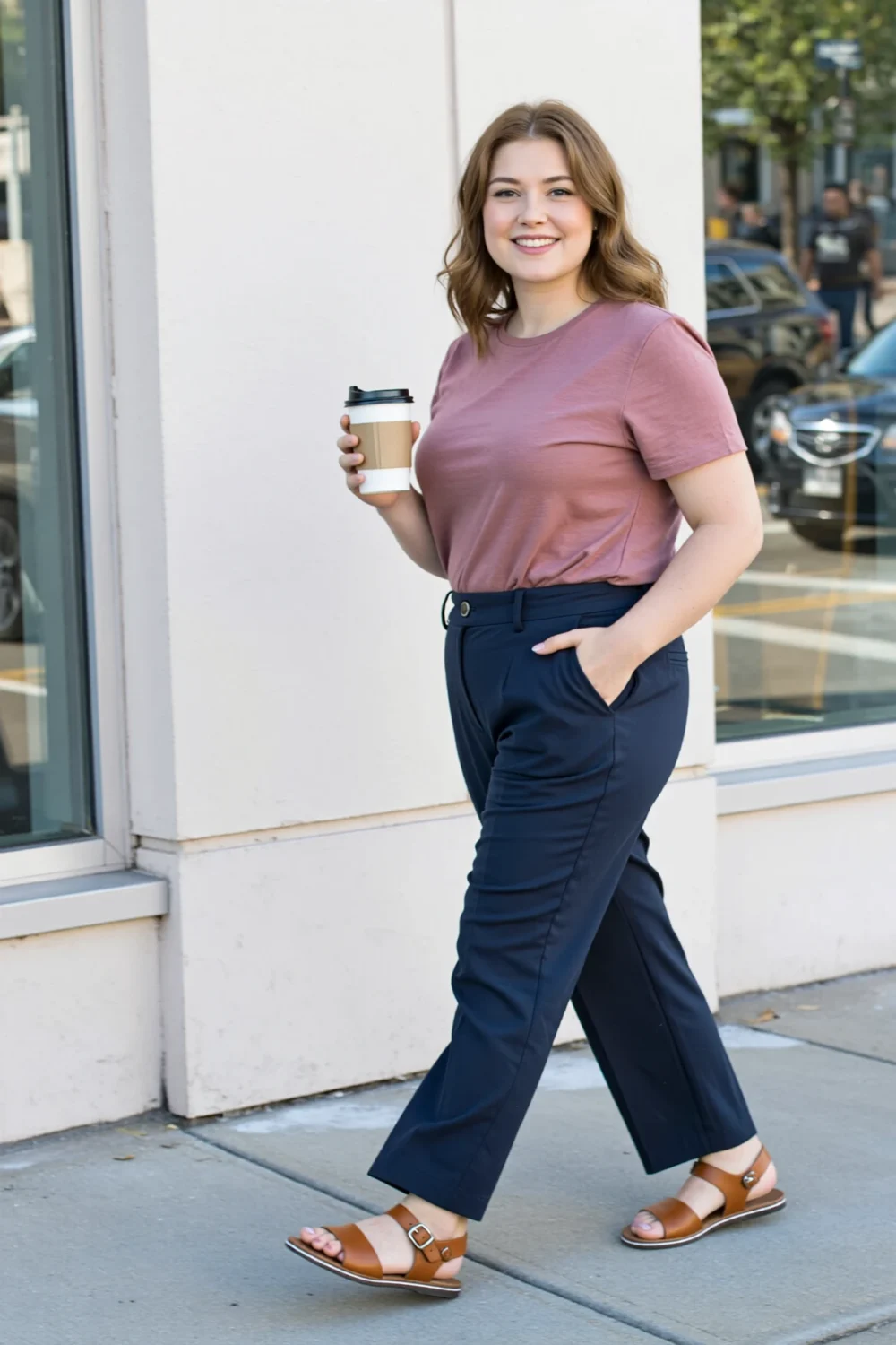 Smiling woman in a rose cotton tee half-tucked into navy trousers, walking on a sidewalk with tan sandals and a takeaway coffee.