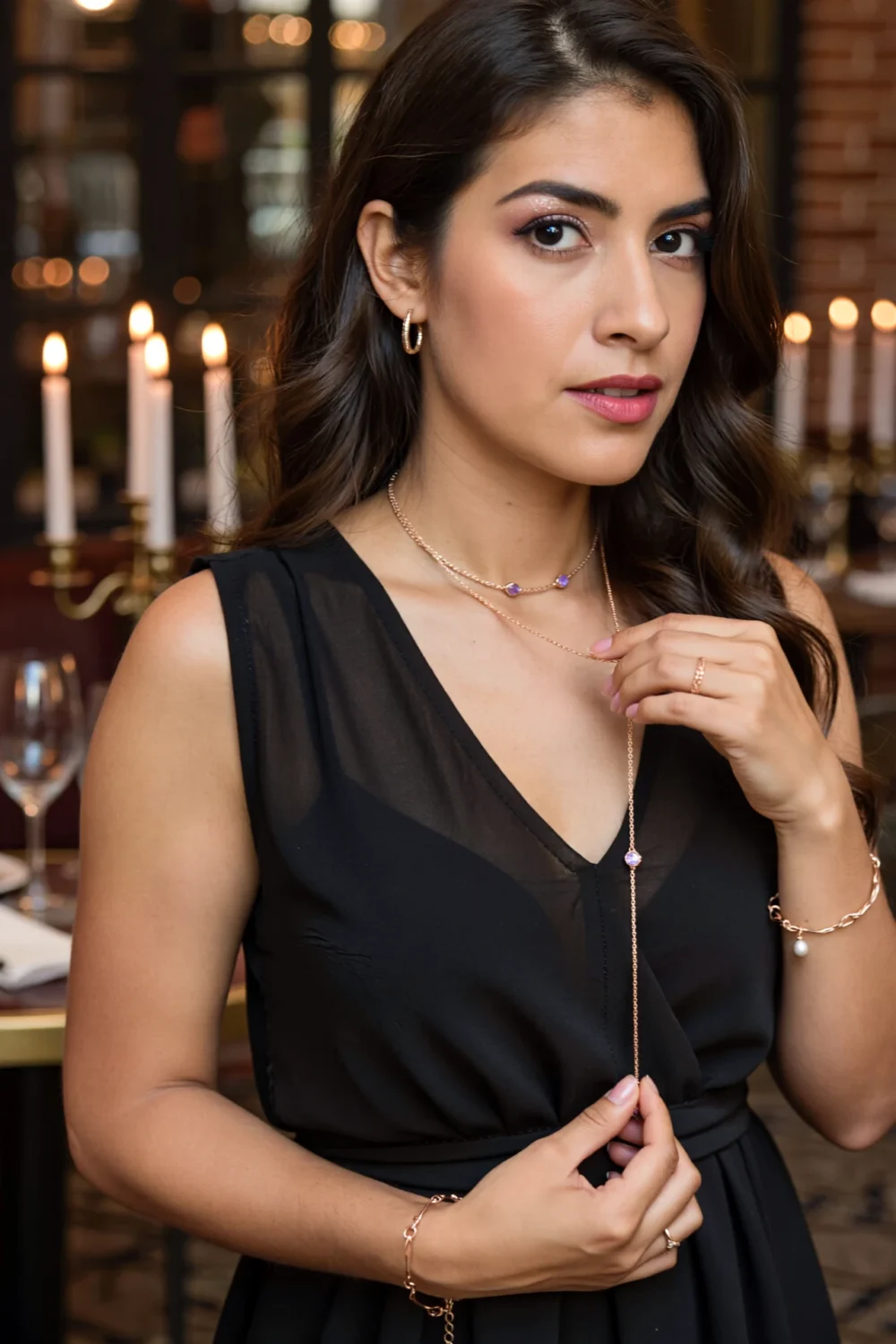 Model in a black dress wearing a rose gold lariat necklace with pink gems, holding the pendant in a candlelit romantic setting