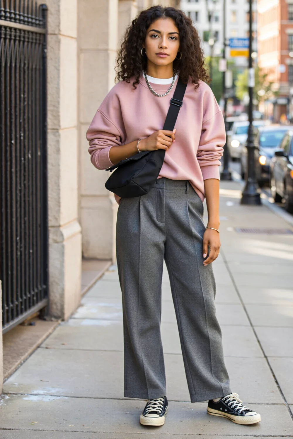 Street style look with dusty-rose sweatshirt, heather-grey pleated trousers, black crossbody bag, and retro sneakers on a city sidewalk