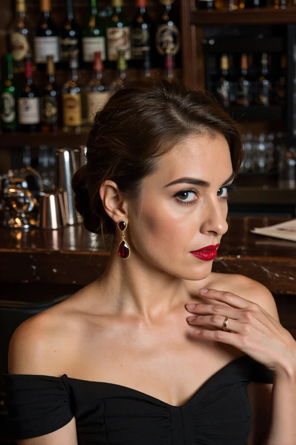 Woman in off-shoulder black dress with bare neck, bold red lips and ruby drop earrings, cinematic glamorous confident look, glam.
