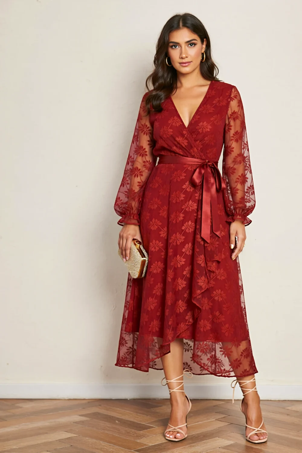 Ruby wrap midi dress in semi-sheer burnout organza with balloon sleeves, asymmetric hem, and romantic autumn wedding-ready style
