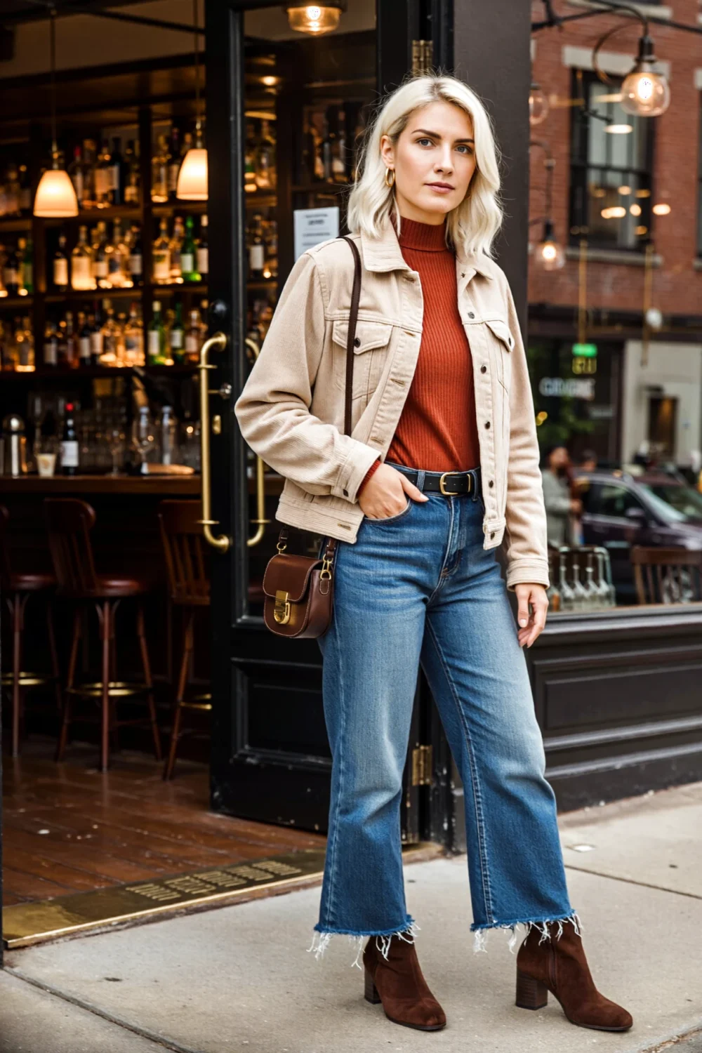 Woman in oat corduroy cropped trucker with sherpa over rust mock-neck, wide medium-wash jeans, brown boots, compact crossbody.