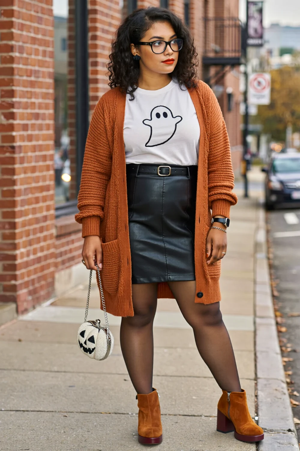 Woman in terracotta cardigan and ghost tee with faux-leather mini, tights, and suede boots for polished Halloween office style
