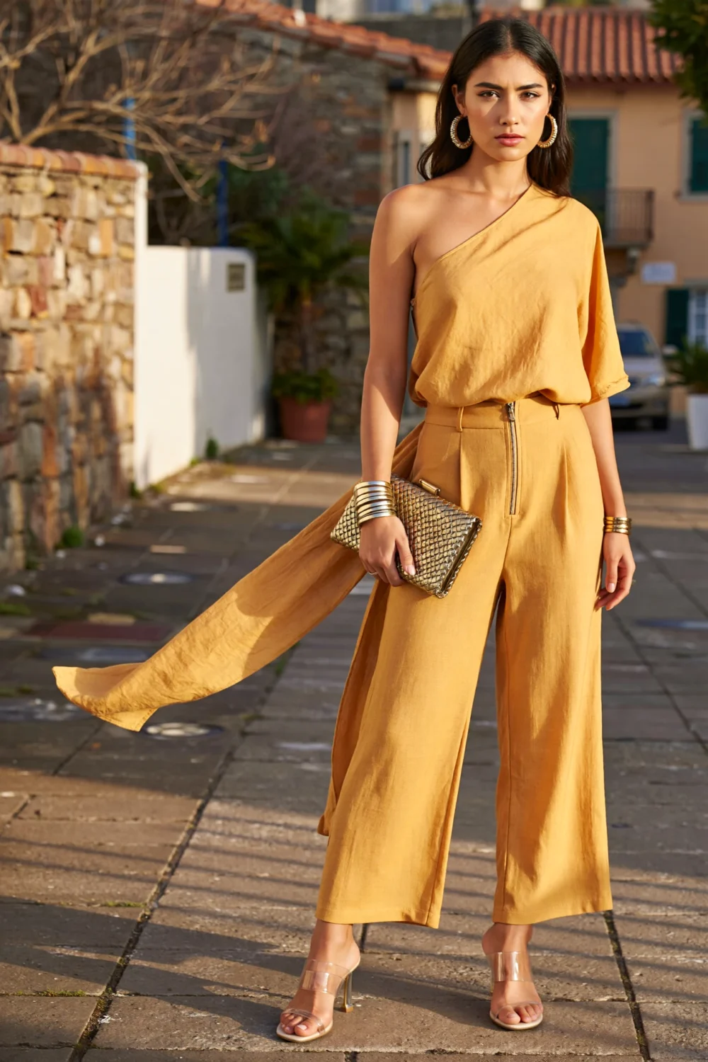 Woman in saffron one-shoulder co-ord, wide-leg trousers, long sash, clear heels, and metallic clutch on a sunny street