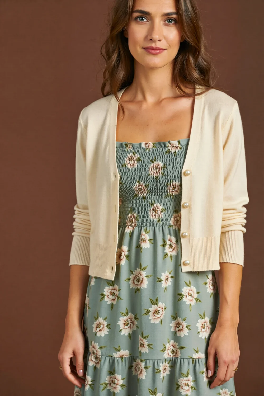 Sage floral midi dress with pintuck bodice, layered under a cream cardigan for a soft, vintage-inspired family photo look